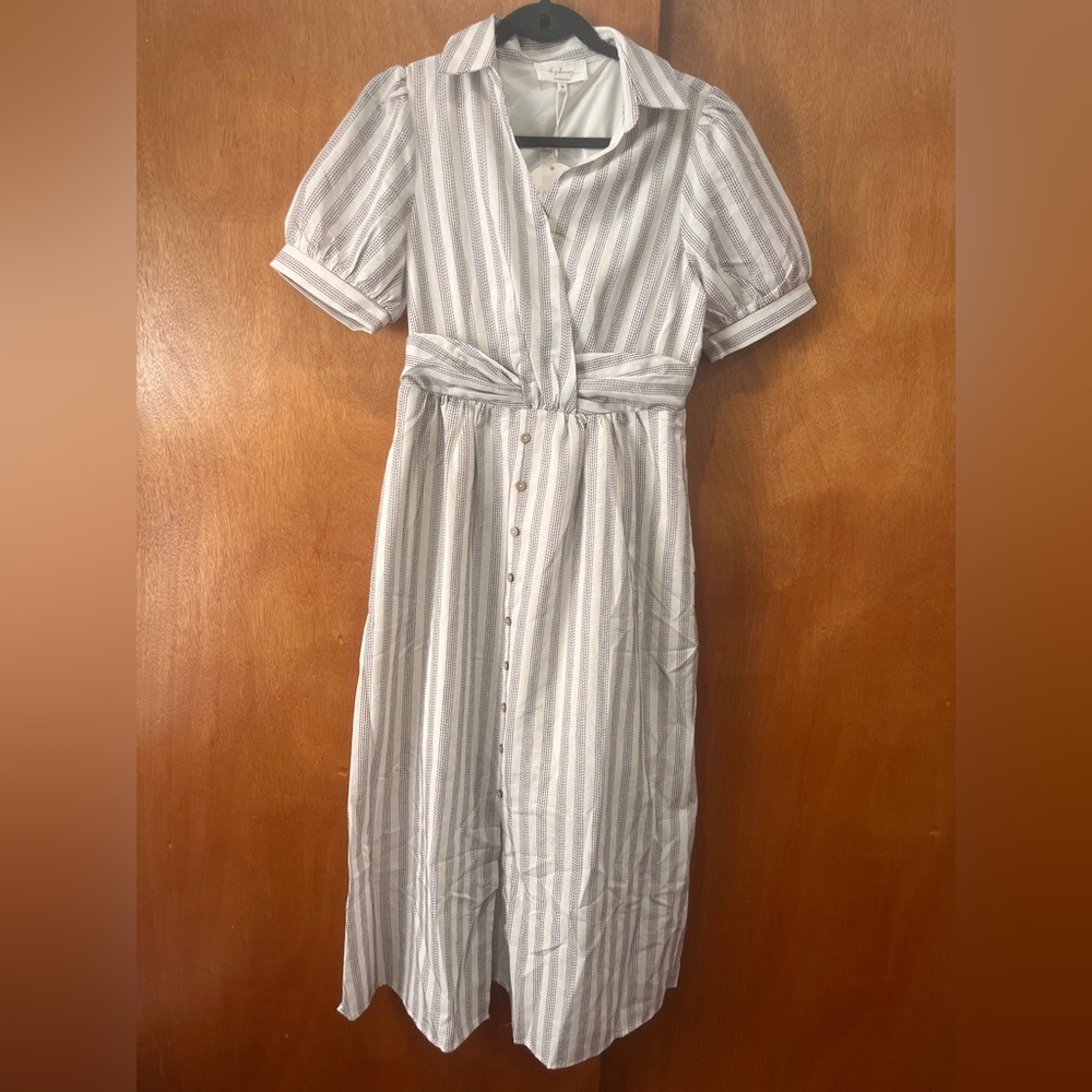 NWT IN FEBRUARY FAUX Striped Button-Down Midi Dress WITH POCKETS